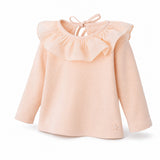 Tocoto Vintage Baby Top with Voile Collar, Pink, three quarter view