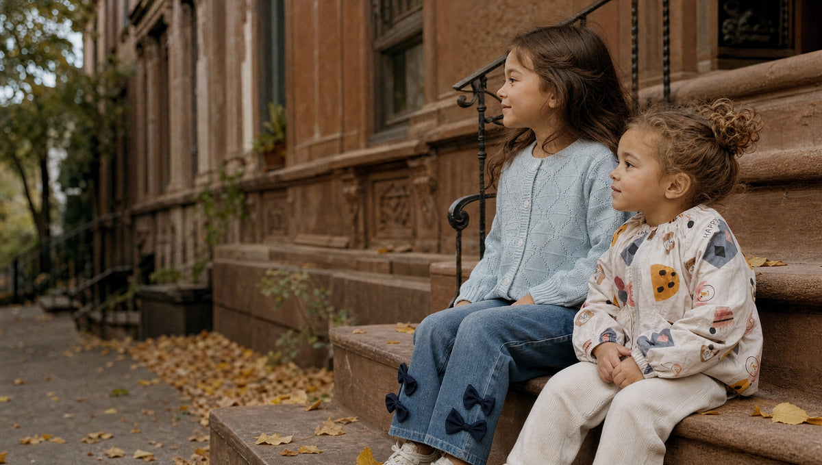 Two children in a knit cardigan and a printed jacket on a Brooklyn brownstone stoop in autumn