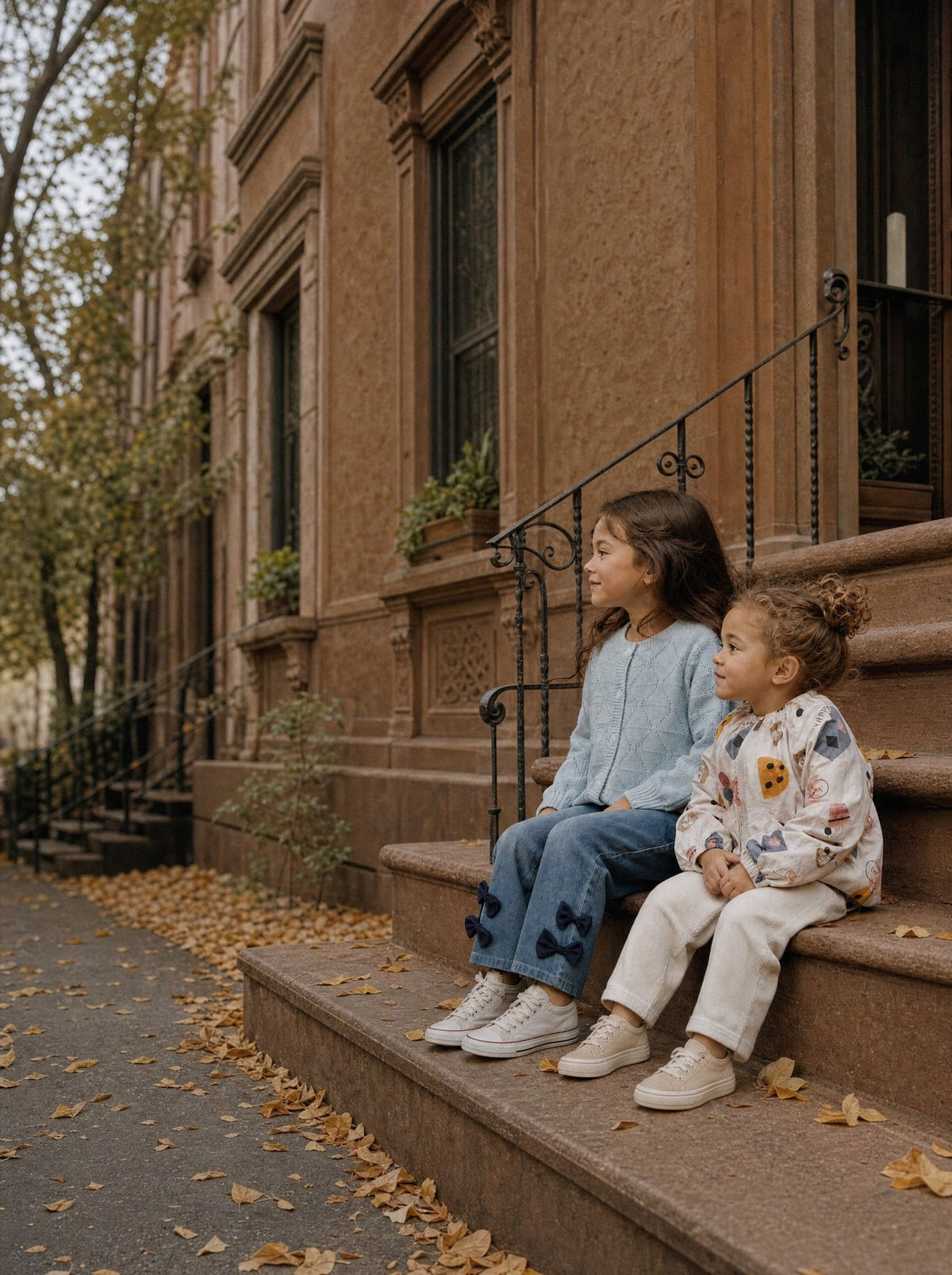 Two girls in autumn layers on a Brooklyn stoop