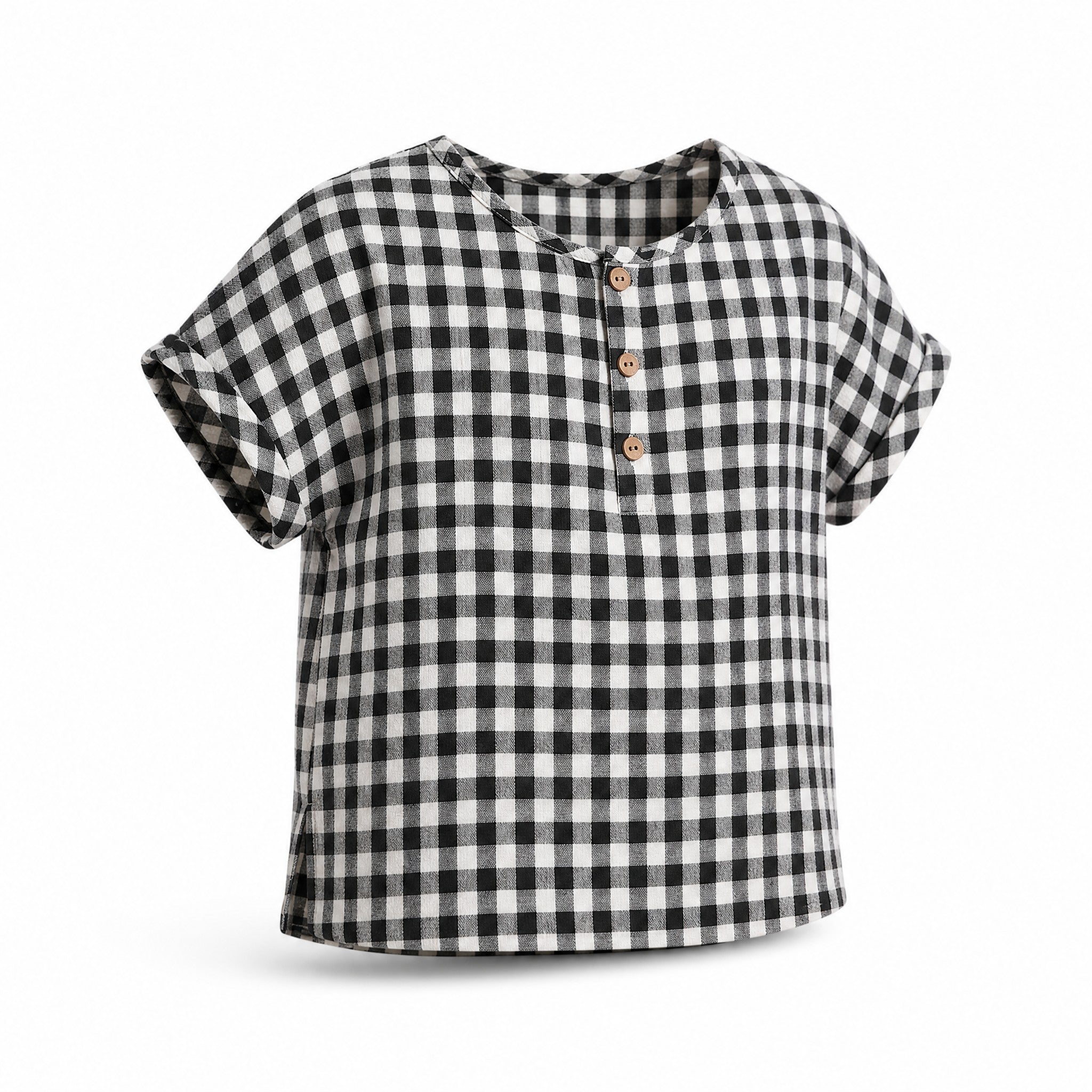 Aimama Checkered Black & White Shirt, three quarter view