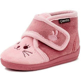 Pink kitty slipper bootie for toddlers with a hook-and-loop strap