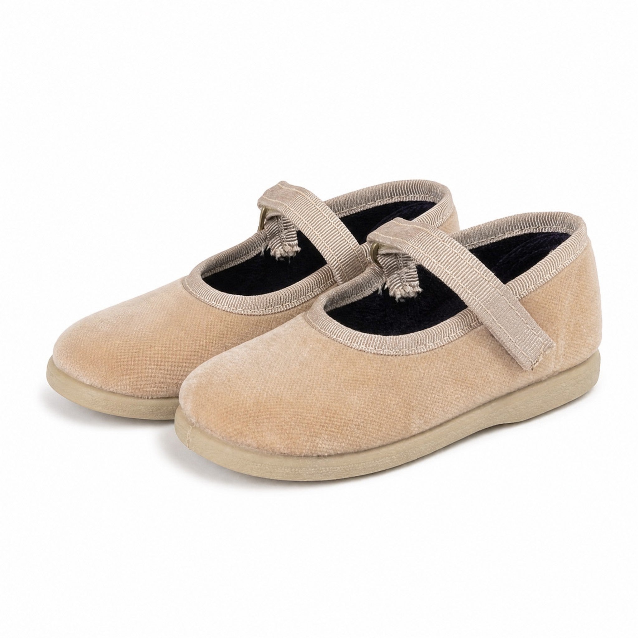 Cienta Shoes Beige Velvet Mary Jane Shoes, three quarter view