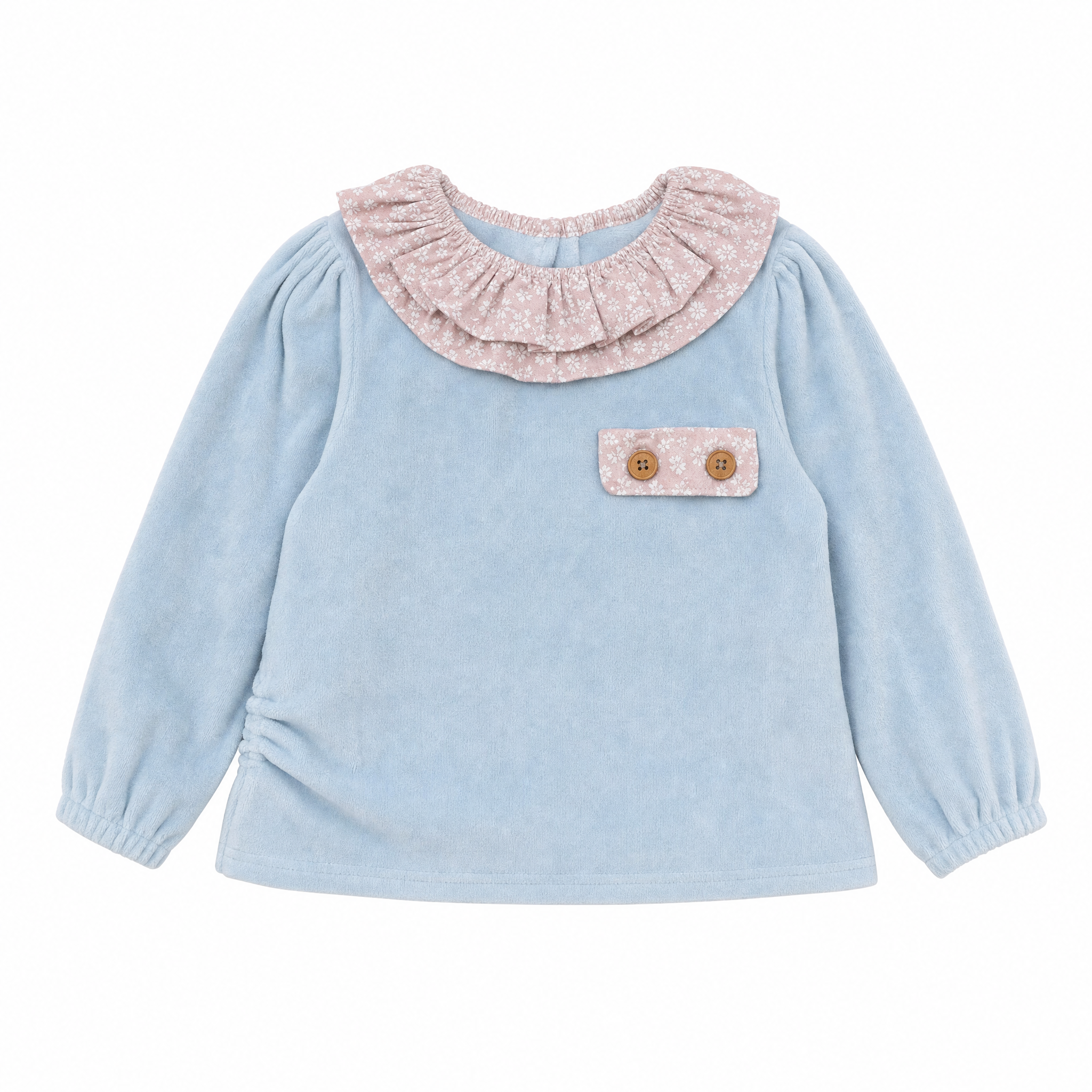 Dadati Velour Top Ruffle Collar Blue, front, flat on white