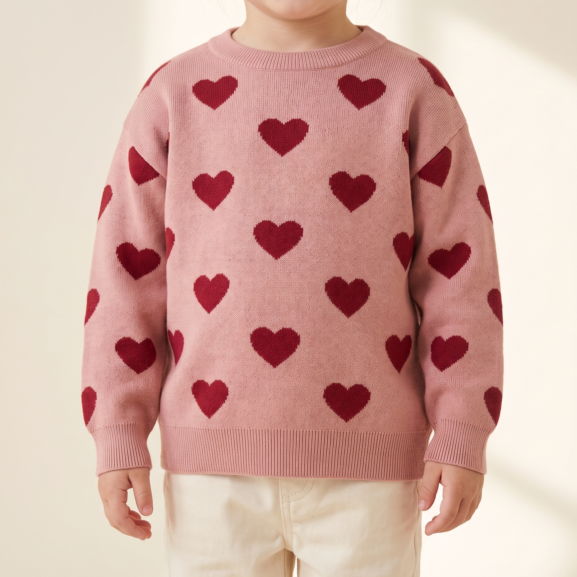 Pink knit sweater with red hearts by Konges Slojd, kids