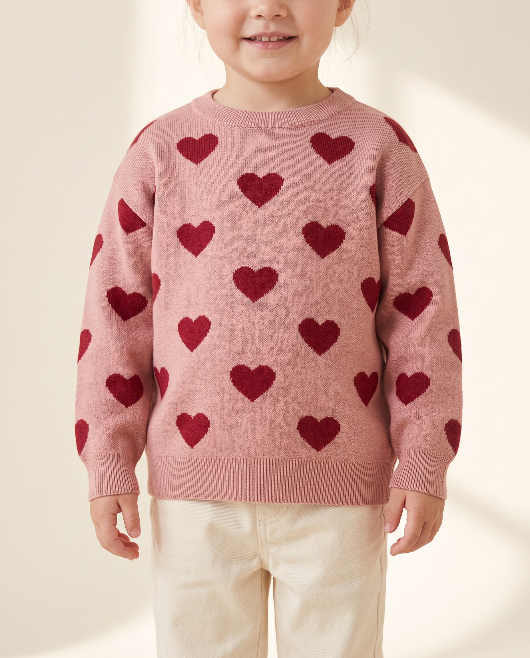 Pink knit sweater with red hearts by Konges Slojd, kids