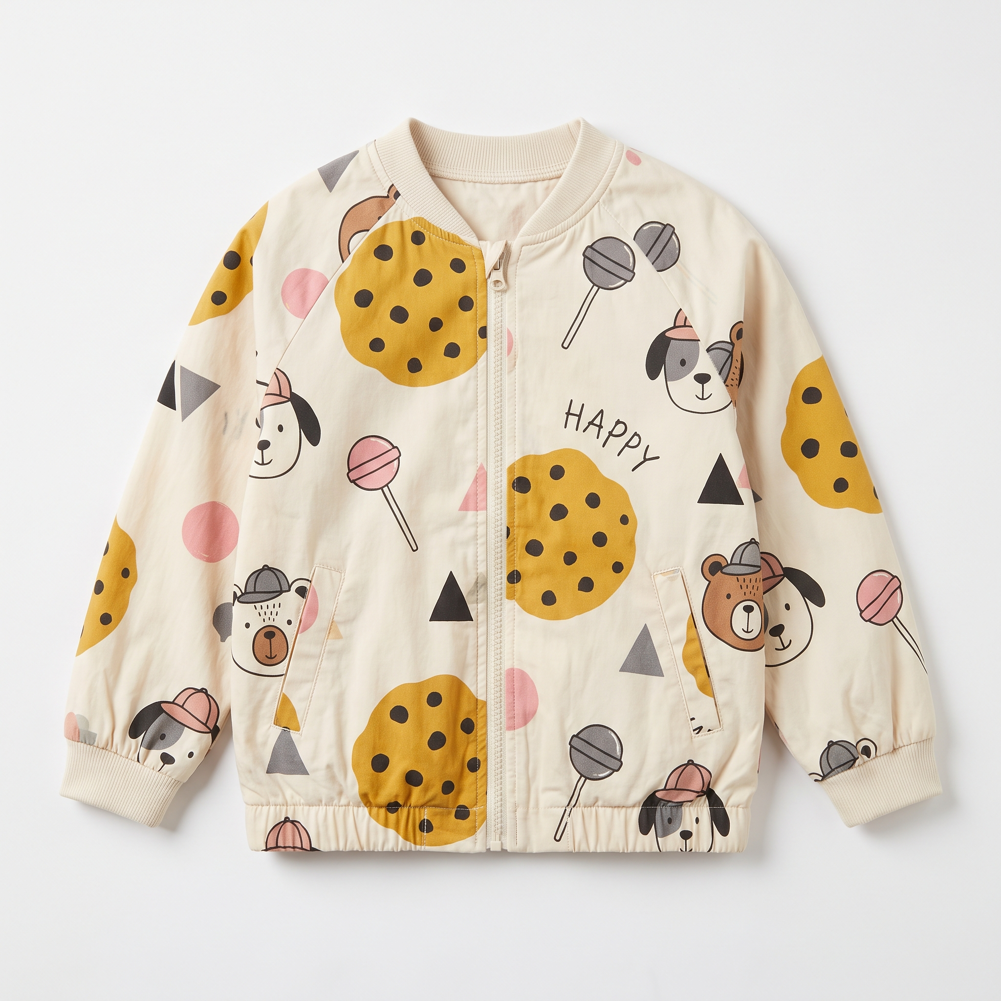 Aimama unisex doodle print jacket in white, full zip, sizes 12 months to 6 years
