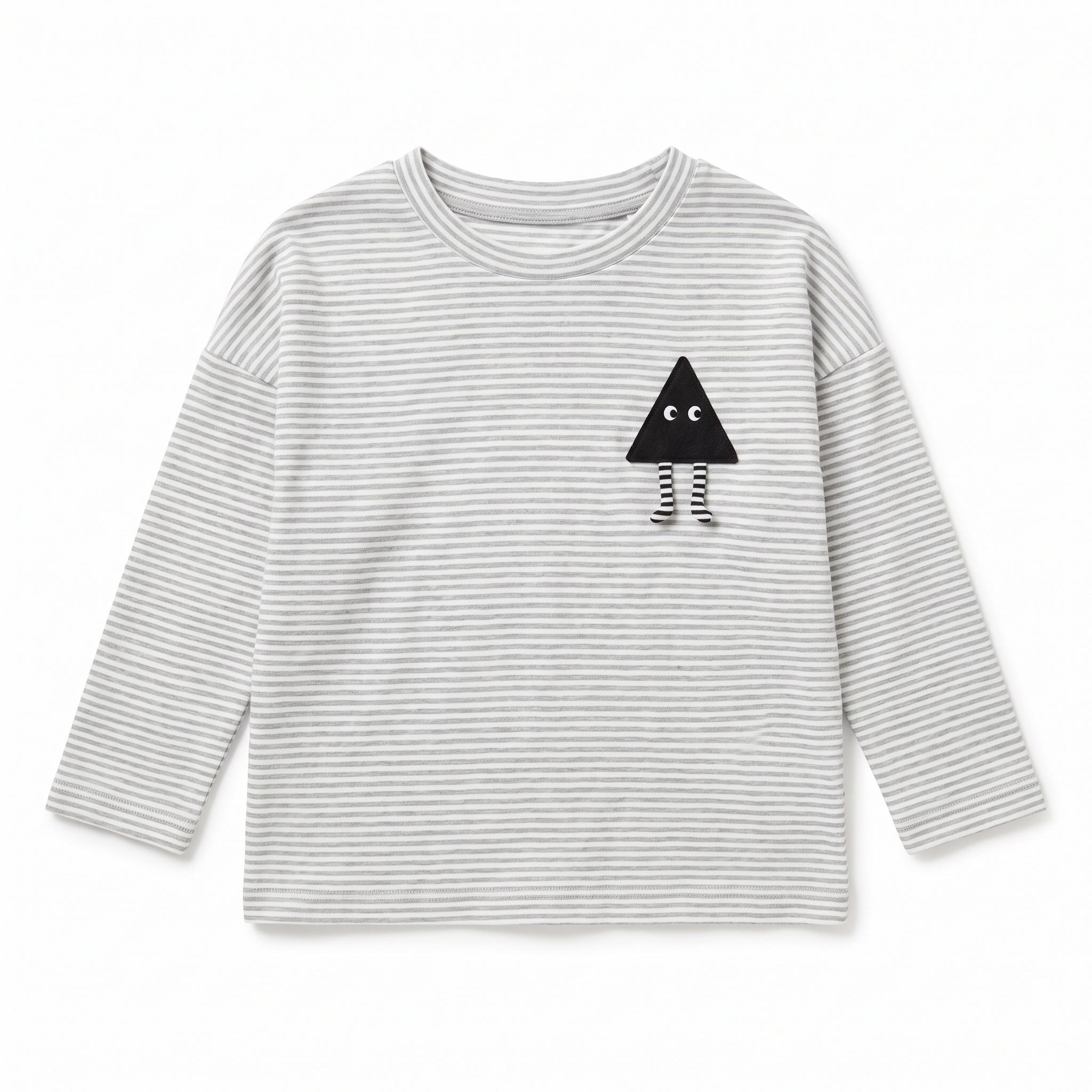Aimama grey and white striped long sleeve tee with black triangle character, sizes 12 months to 6 years