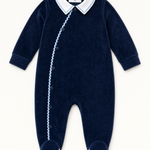 Bebe Sweeny navy velour babygrow with white collar and light blue ric-rac trim, front view