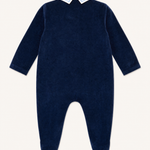 Bebe Sweeny navy velour babygrow with white collar, back view