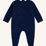 Bebe Sweeny navy velour babygrow with white collar, back view