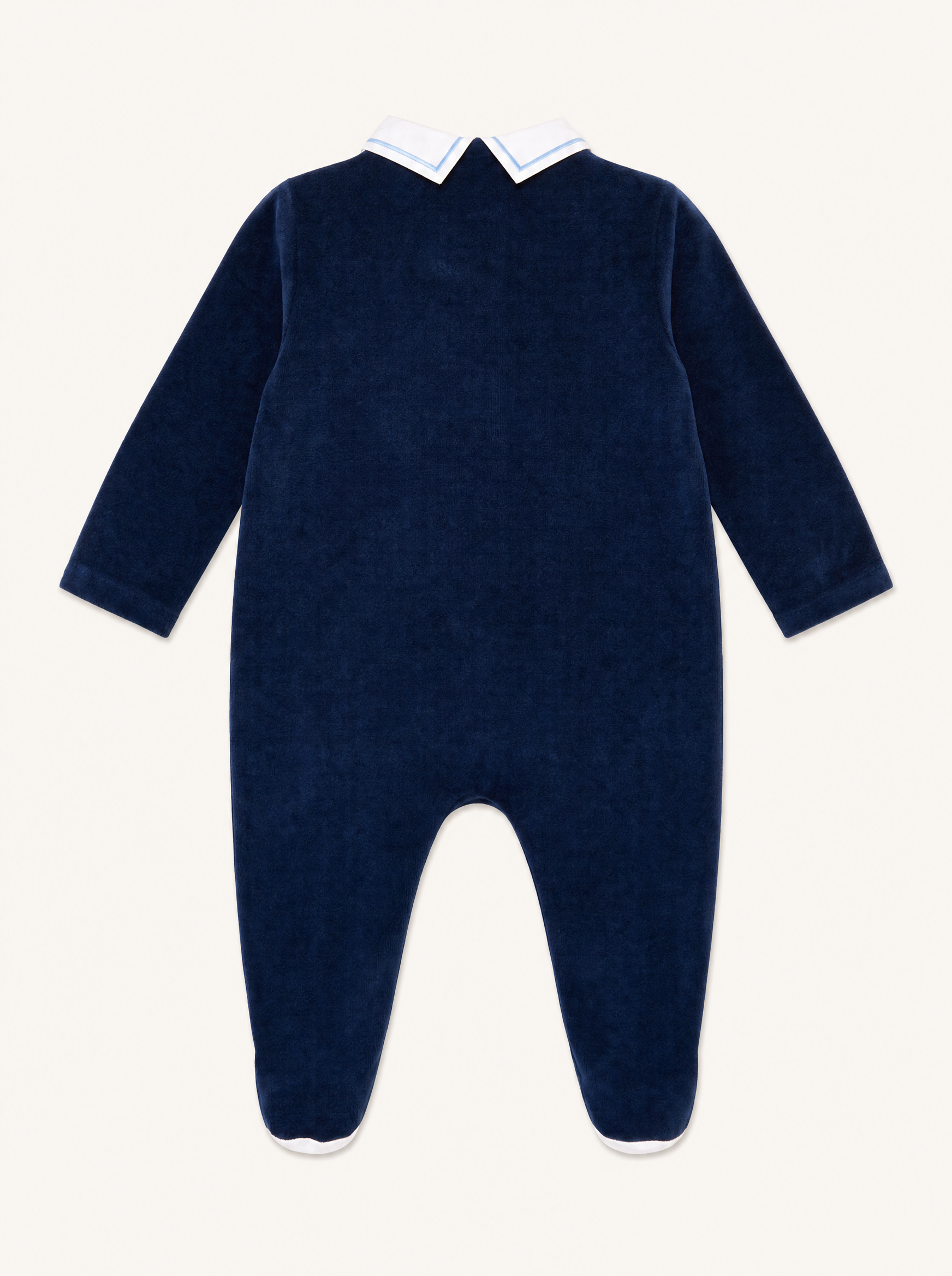 Bebe Sweeny navy velour babygrow with white collar, back view
