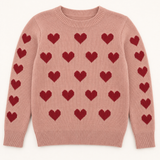 Konges Slojd pink knit sweater with red hearts, flat lay front view