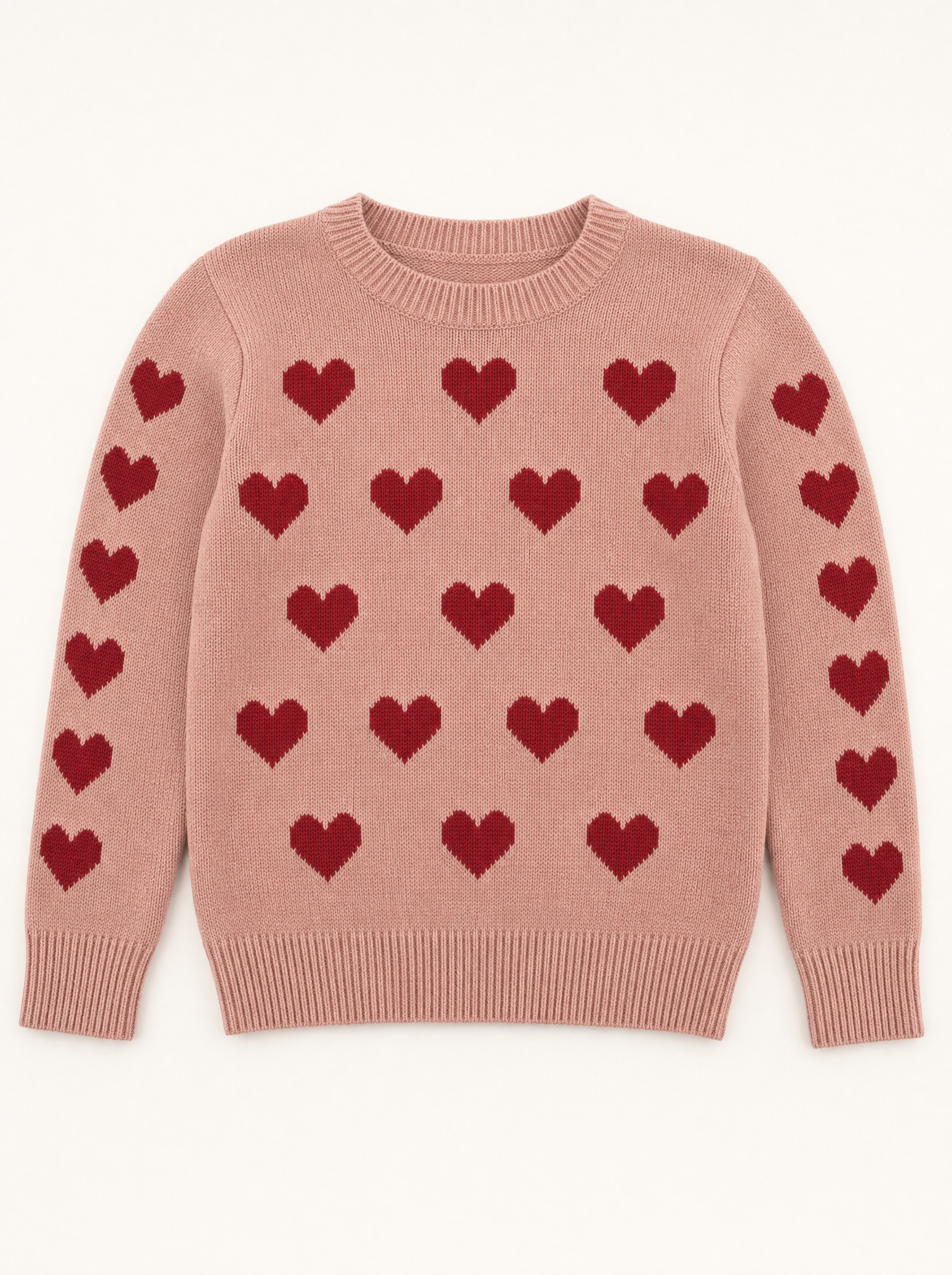Konges Slojd pink knit sweater with red hearts, flat lay front view
