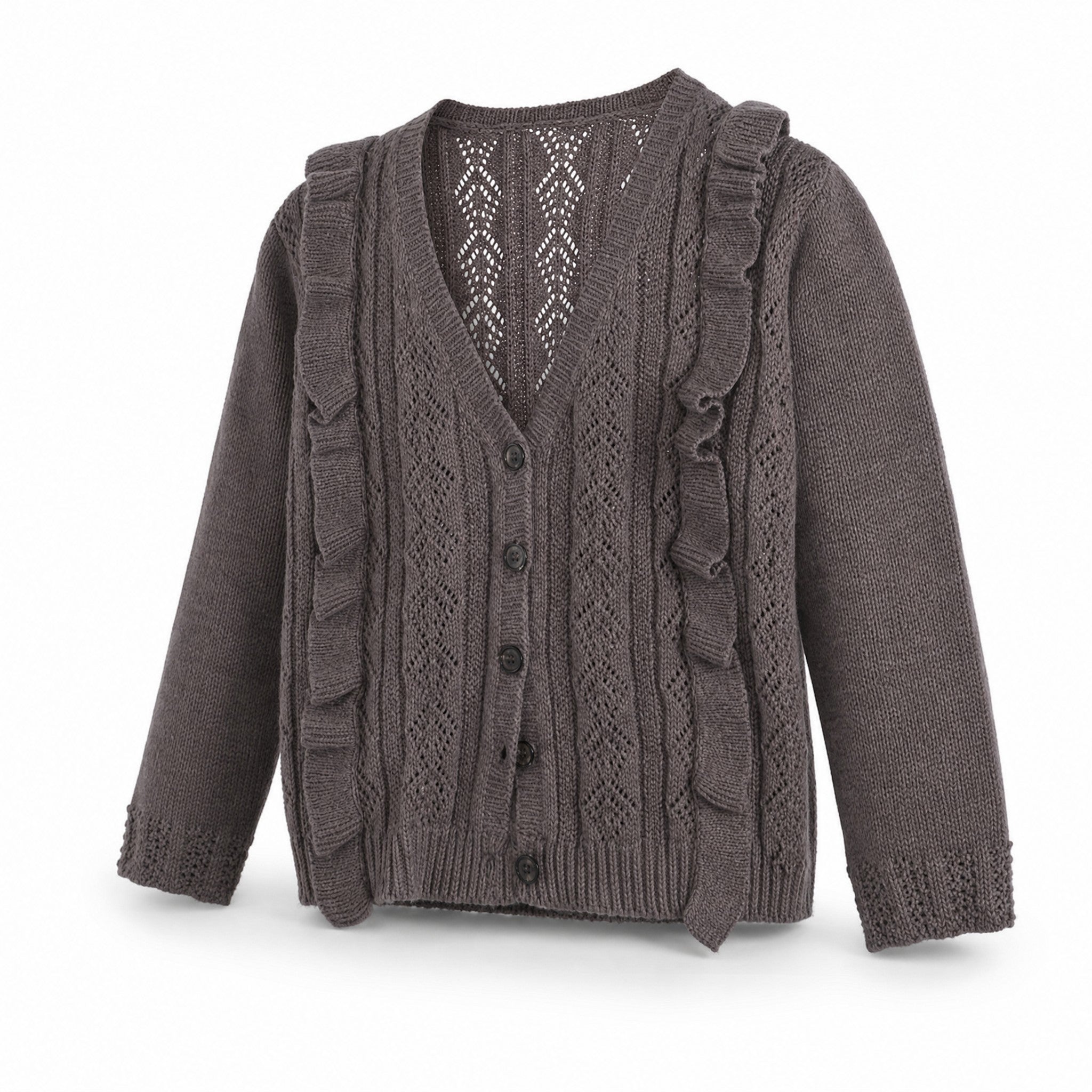 Tocoto Vintage Openwork Knit Cardigan with Ruffles, three quarter view