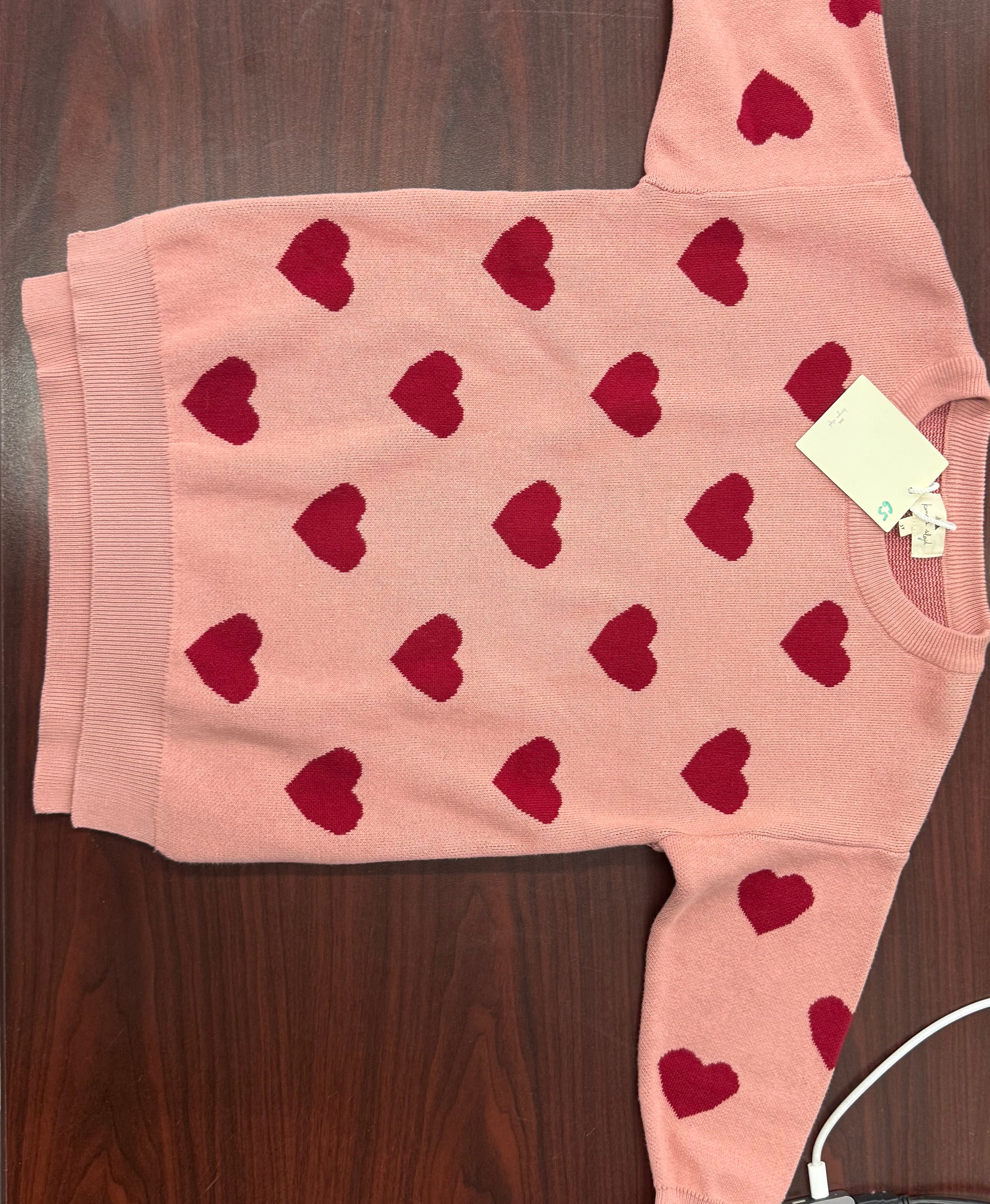 Pink knit sweater with red hearts by Konges Slojd, kids