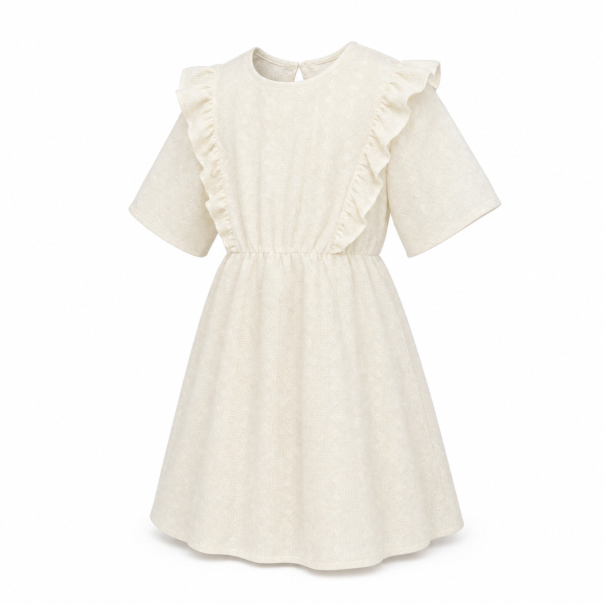 Repose AMS Ruffle Dress - Graphic Lace Summer Nude, three quarter view