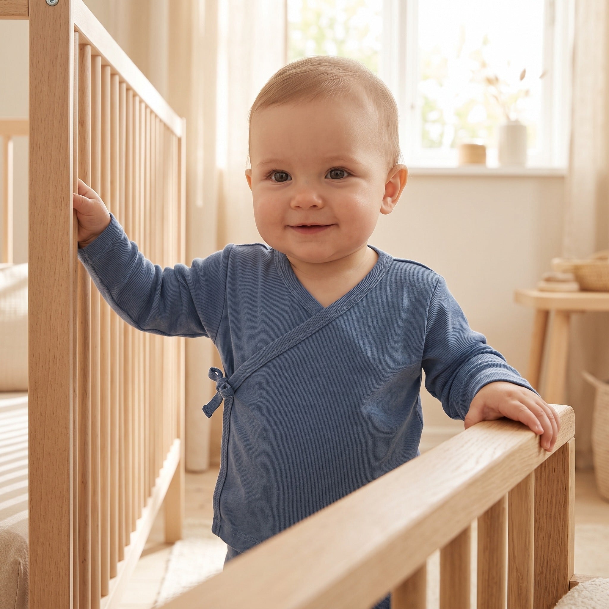 Baby wearing the steel blue wrapover top