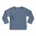 Steel blue wrapover top, flat lay