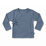 Steel blue wrapover top, flat lay