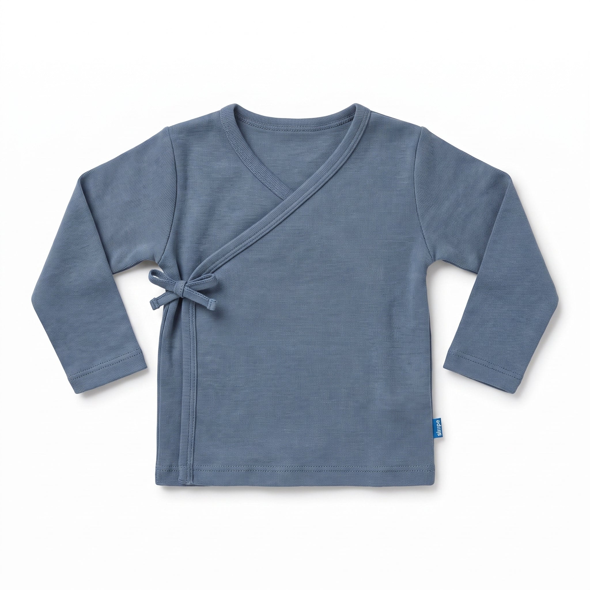 Steel blue wrapover top, flat lay
