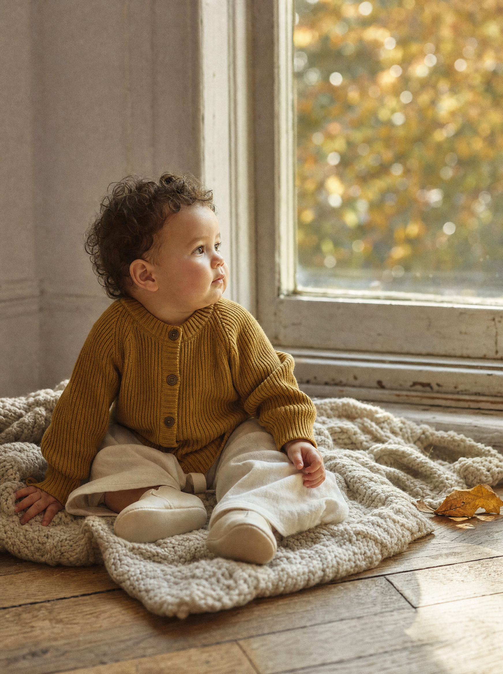 Baby in a mustard knitted cardigan by a Brooklyn window in October