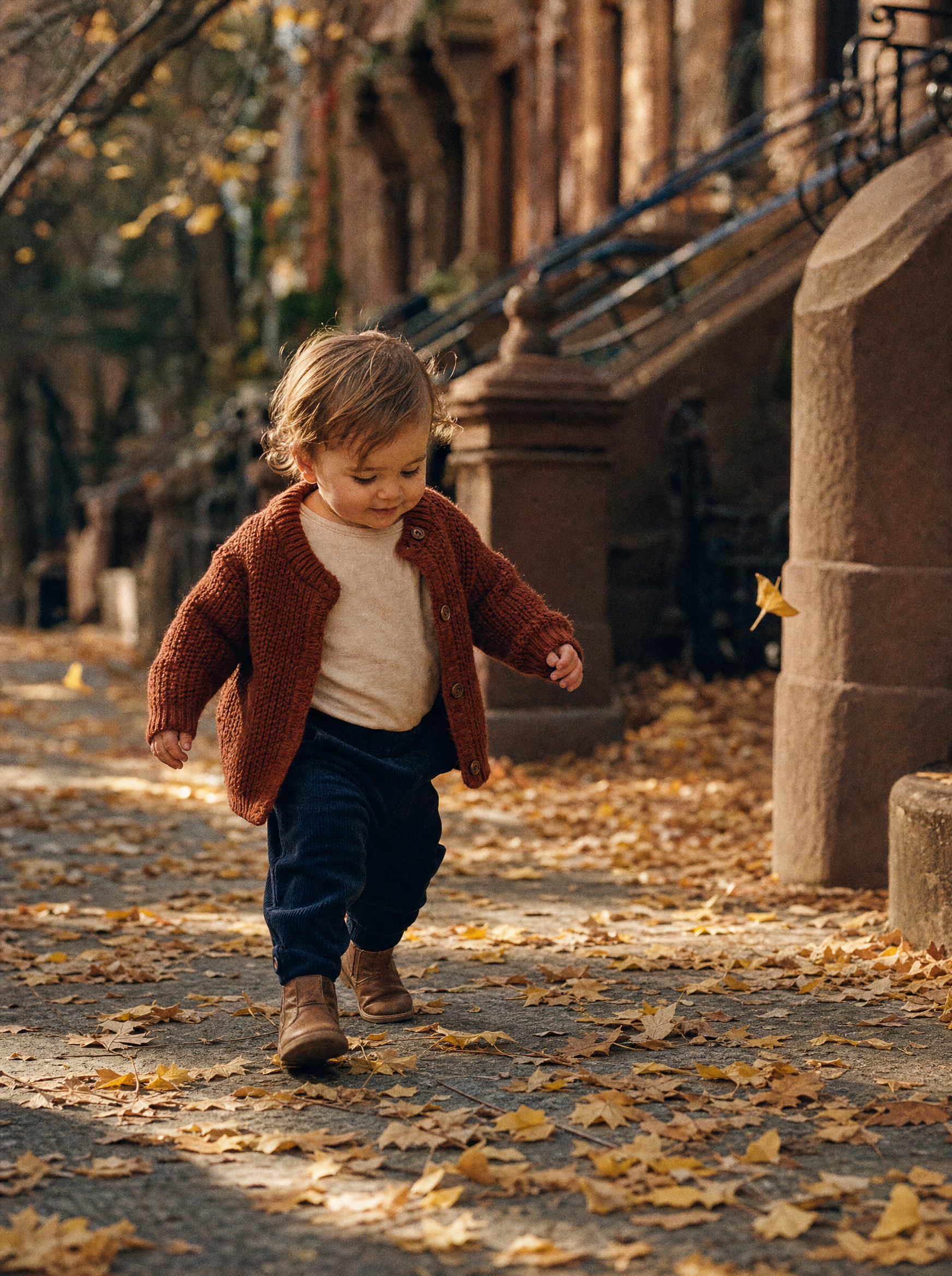 Toddler in a rust cardigan walking a Brooklyn sidewalk covered in autumn leaves