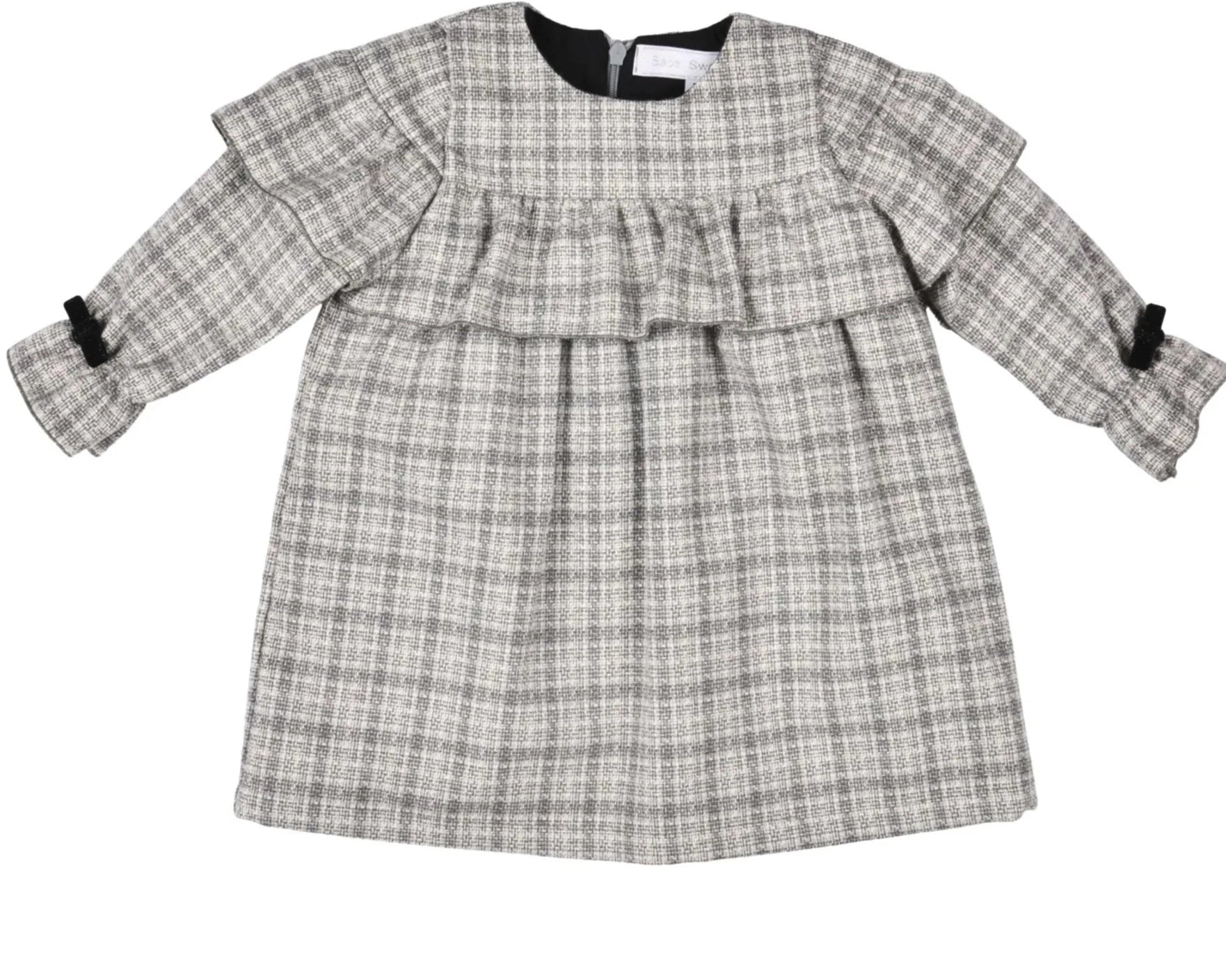 Bébé Sweeny Constance Dress Dress in Grey & White Check with Velvet Bows - CapuletKids