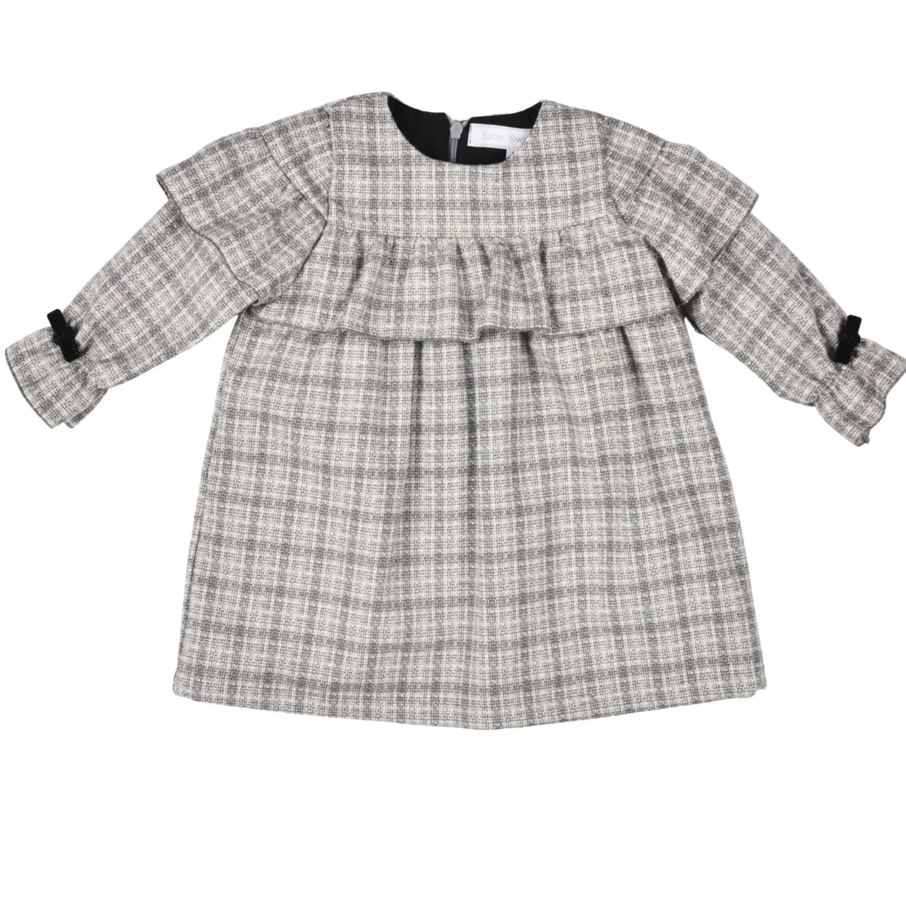 Bébé Sweeny Constance Dress Dress in Grey & White Check with Velvet Bows - CapuletKids