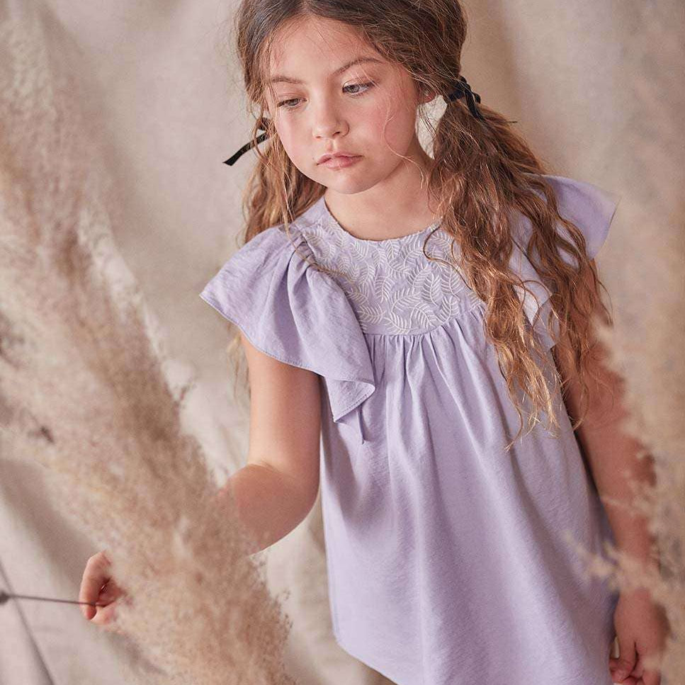 Girl's Dress With Ruffle Sleeves And Embroidered Yoke: Lilac - CapuletKids