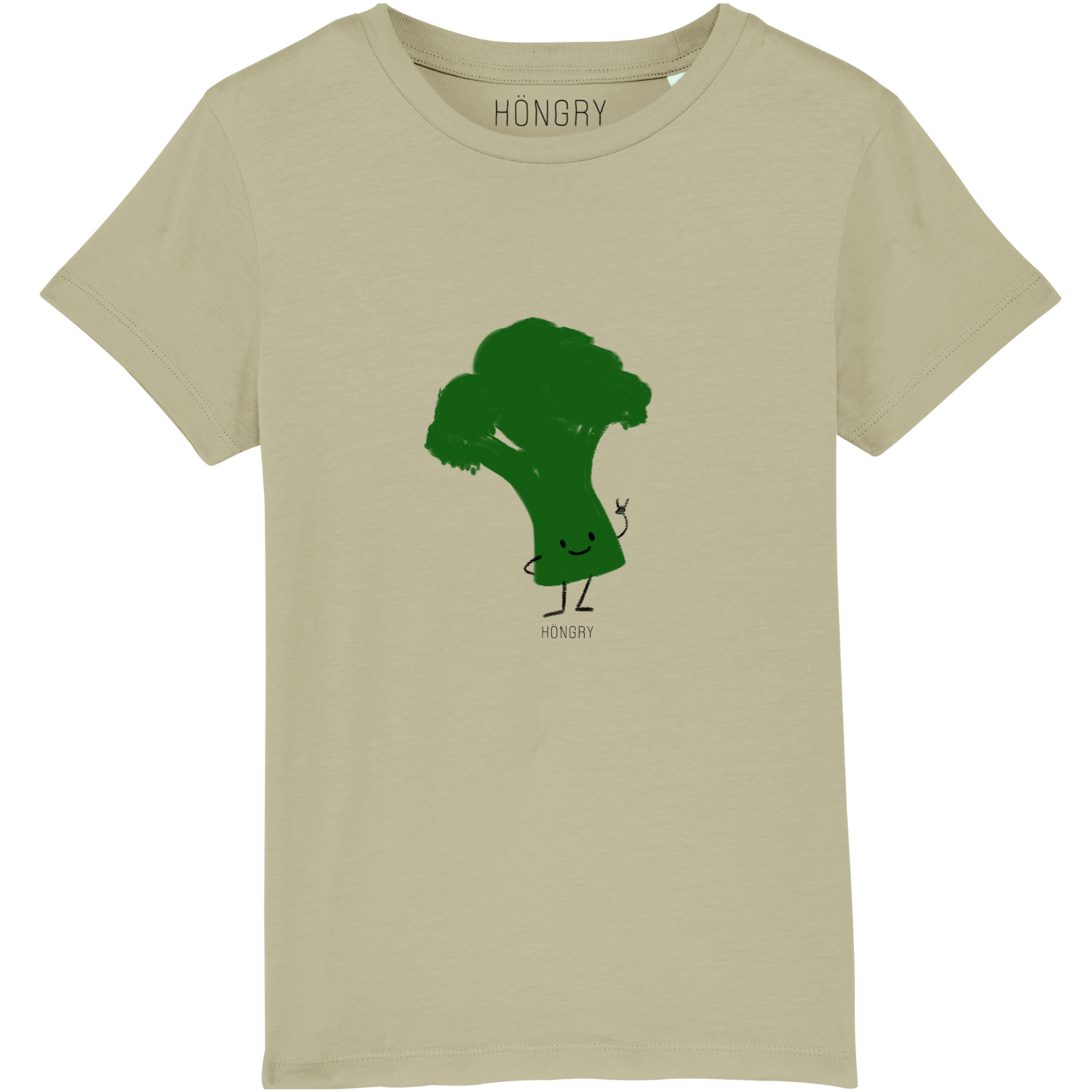HÖNGRY Freddie Broccoli Organic Cotton T-Shirt in Sage Green for Girls and Boys 3Y - 8Y