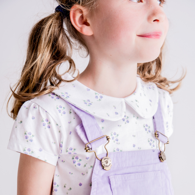 Dotty Dungarees Short Sleeved Cotton Peter Pan Tee in Purple Floral for Girls 1Y - 7Y