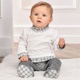 Bébé Sweeny Clarence Babygrow Organic Cotton Velour Sleepsuit in Off-White and Grey Melange with Popper Fastenings