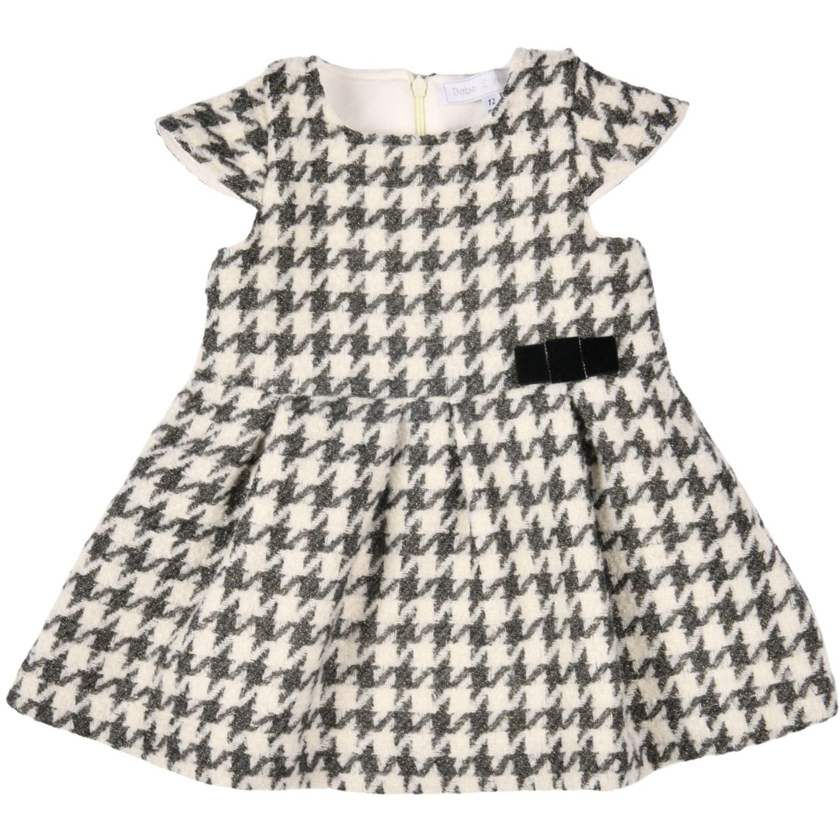 Bébé Sweeny Carla Dress Ivory and Black Tweed With Golden Glitter and Velvet Bow