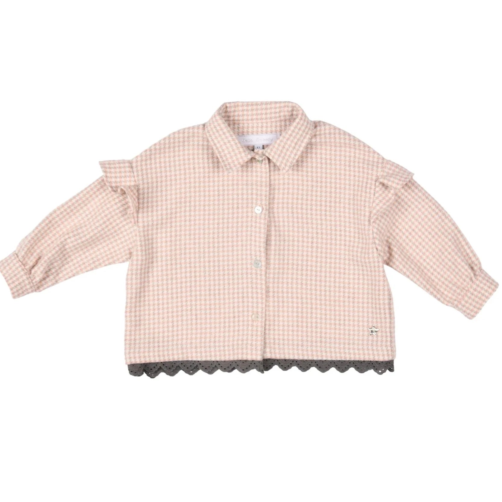 Bébé Sweeny Edna Overshirt - Grey & Pink Cotton Flannel with Lace Trim for 12M-36M - Colly Set - CapuletKids