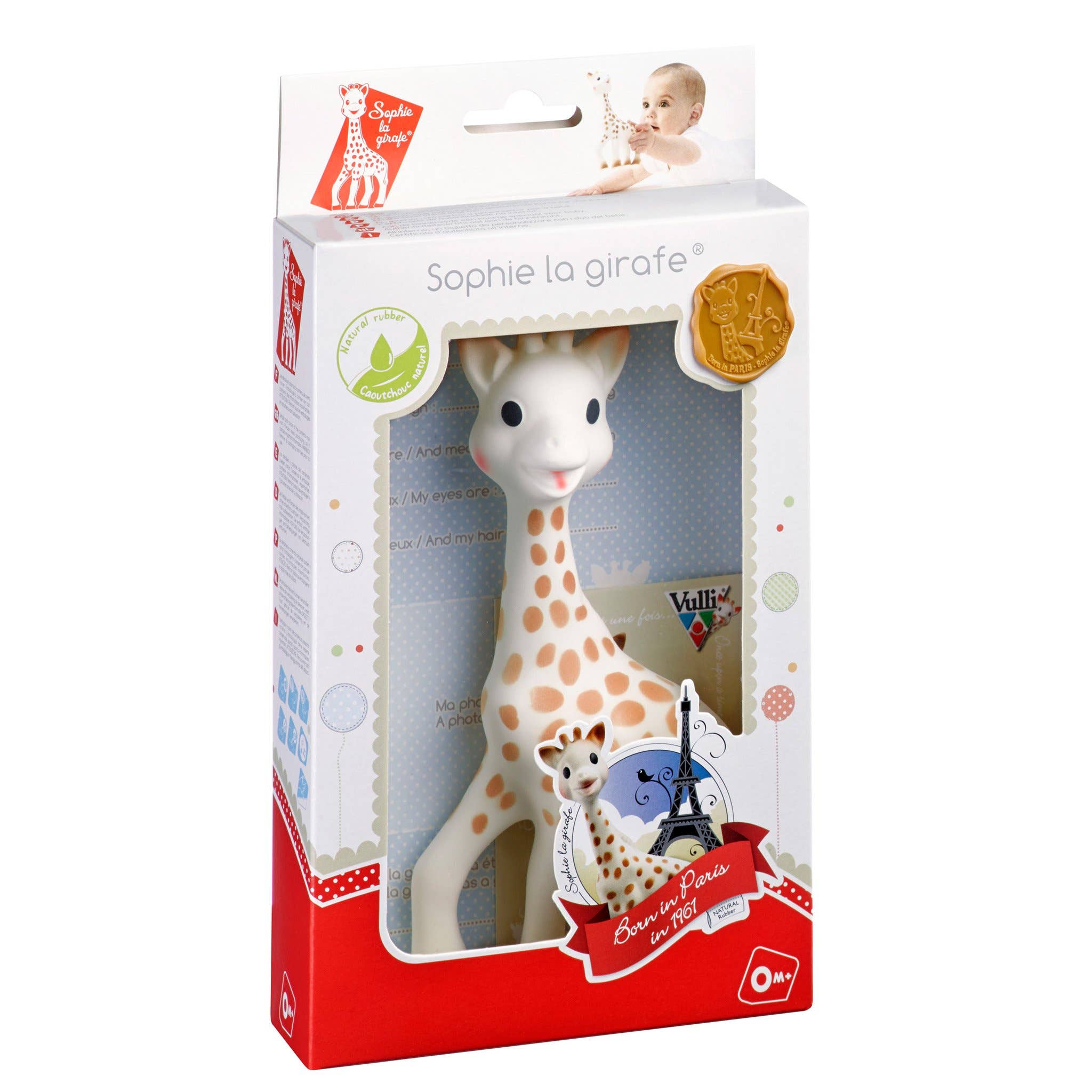 Sophie la Girafe in packaging, natural rubber teething toy