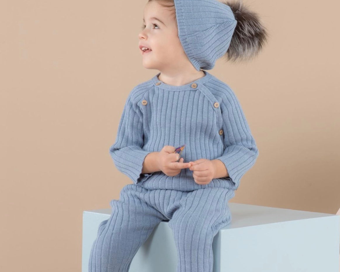 Bébé Sweeny Ivory Knit Ribbed Bonnet Hat With Pompom for Mini Kids 3-12M - CapuletKids
