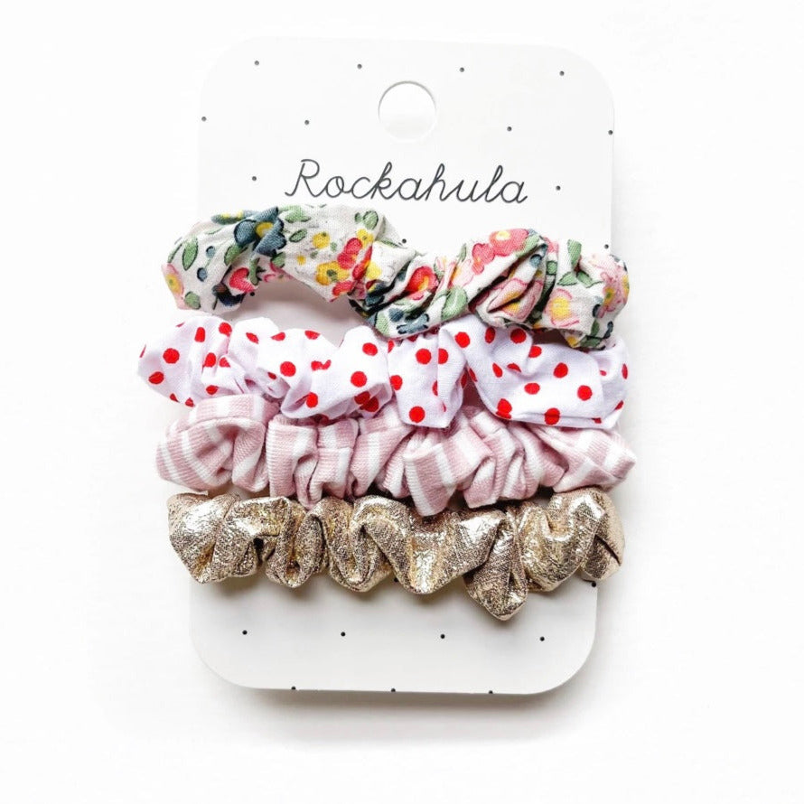 Rockahula Secret Garden Scrunchie Set with floral, polka dot, and striped designs