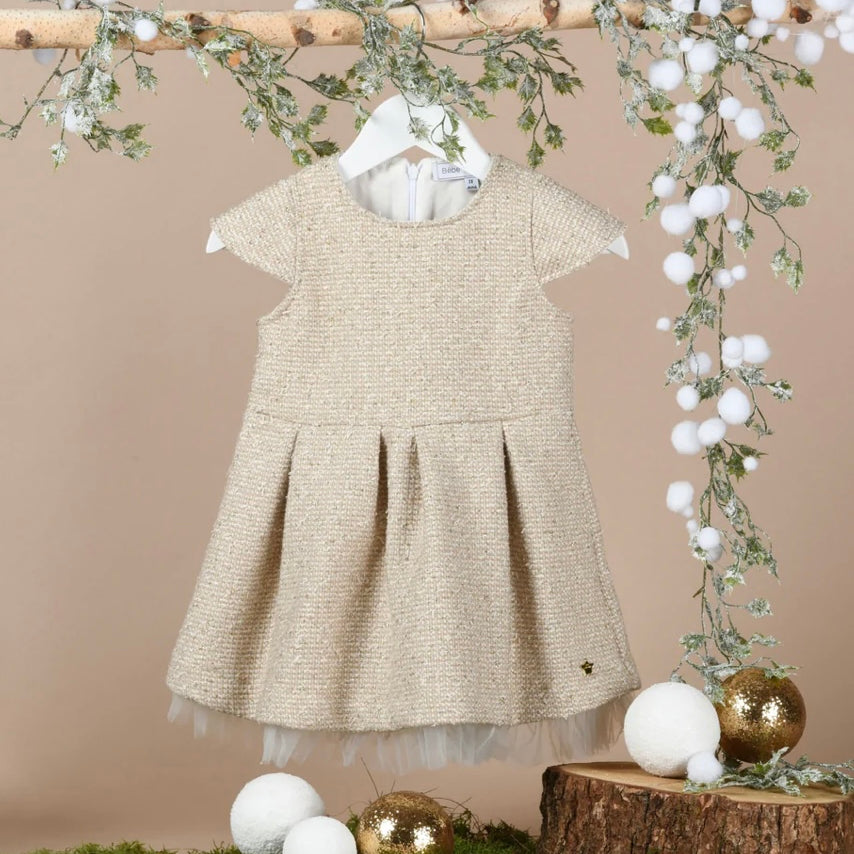 Bébé Sweeny Carla Girls Gold Tweed & Tulle Dress For Mini Girls 2 Y - CapuletKids