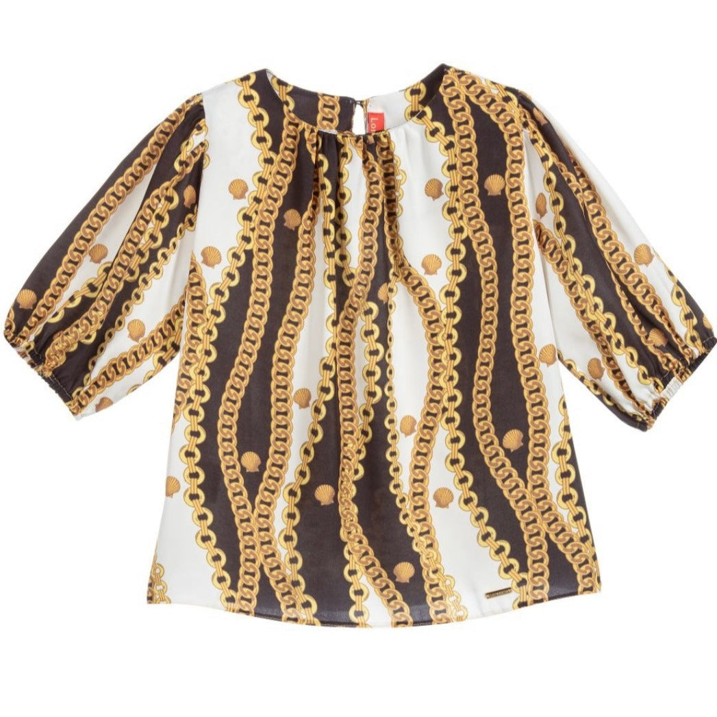 Loredana Silk Top With Chain Pattern and Bow Neckline for Girls 7-8Y