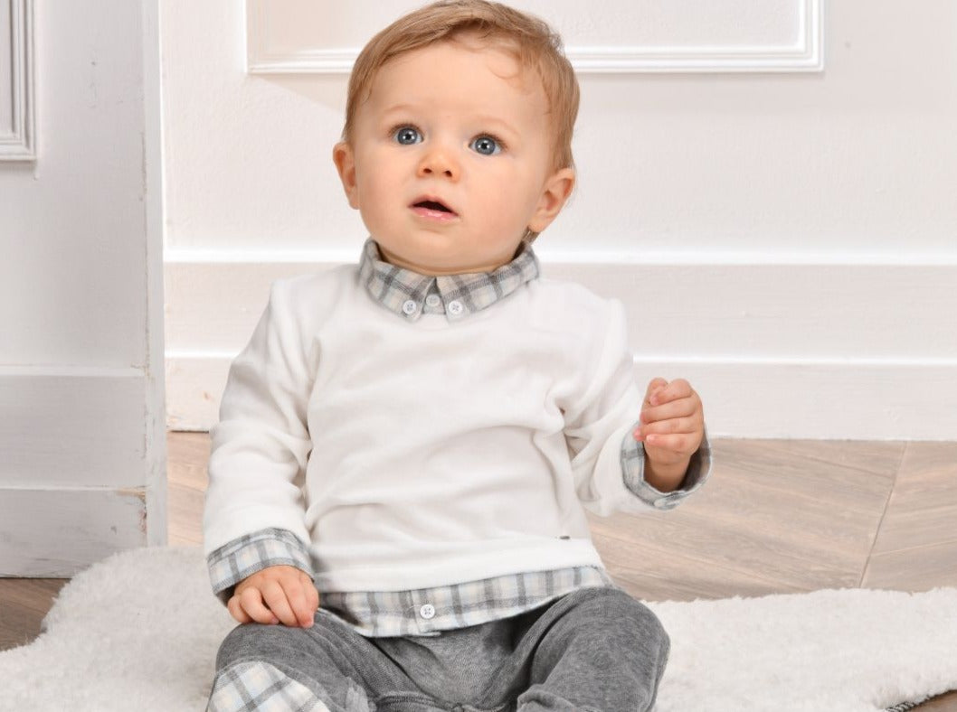 Bébé Sweeny Clarence Babygrow  - Off-White & Grey Melange Organic Velour With Shirt Effect - CapuletKids