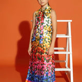 Loredana Pleated Sleeveless Long Tulip Print Floral Dress With Golden Buttons for Girls 7-10Y and 16Y