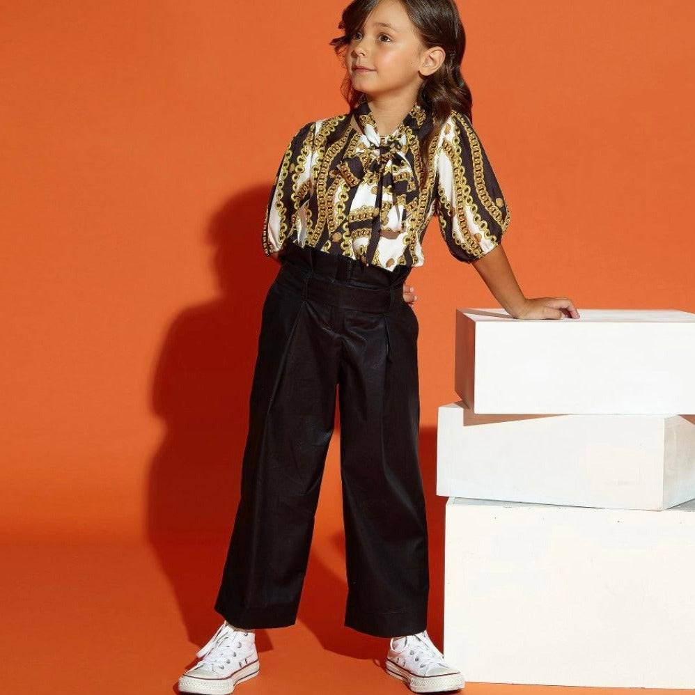 Loredana Silk Top With Chain Pattern and Bow Neckline for Girls 7-8Y